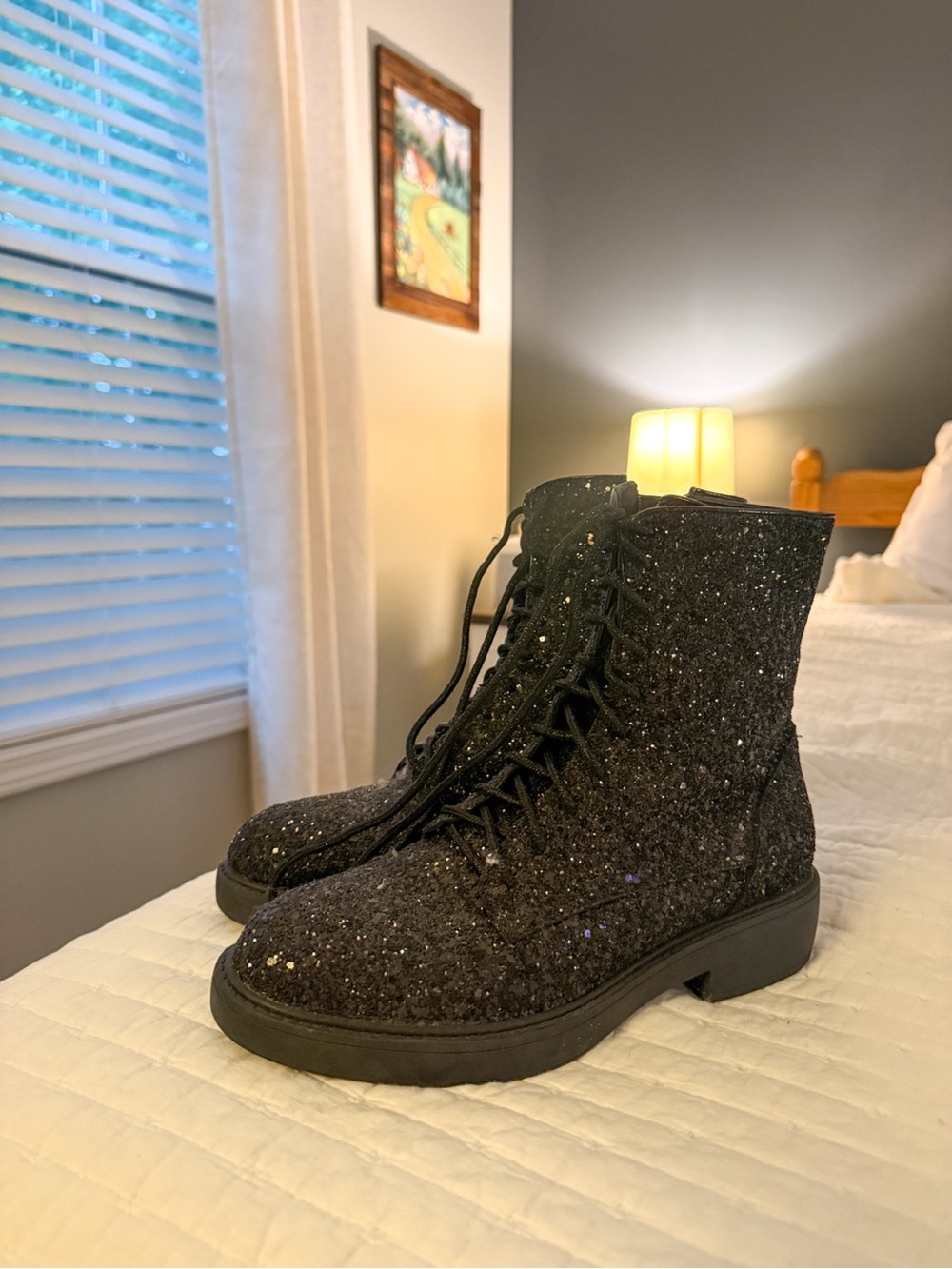 Women’s Black Glitter Lace-Up Combat Boots